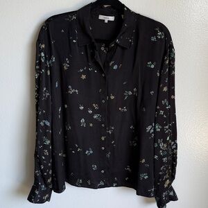 Vince 100% Silk Black Floral Button-Up Collared Long Sleeve Top, X-Large, XL